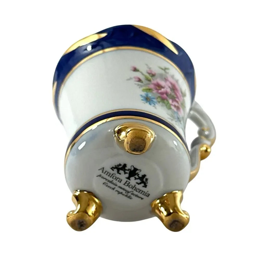 Amfora Bohemia Czech Republic Porcelain Footed Teacup Floral Cobalt Blue Gold